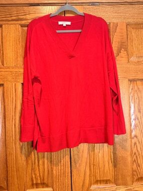 LOFT Bright Red V-Neck Lightweight Sweater